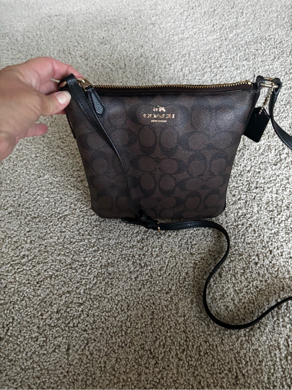 Coach Brown Signature Canvas Crossbody with Black Strap and Gold Hardware